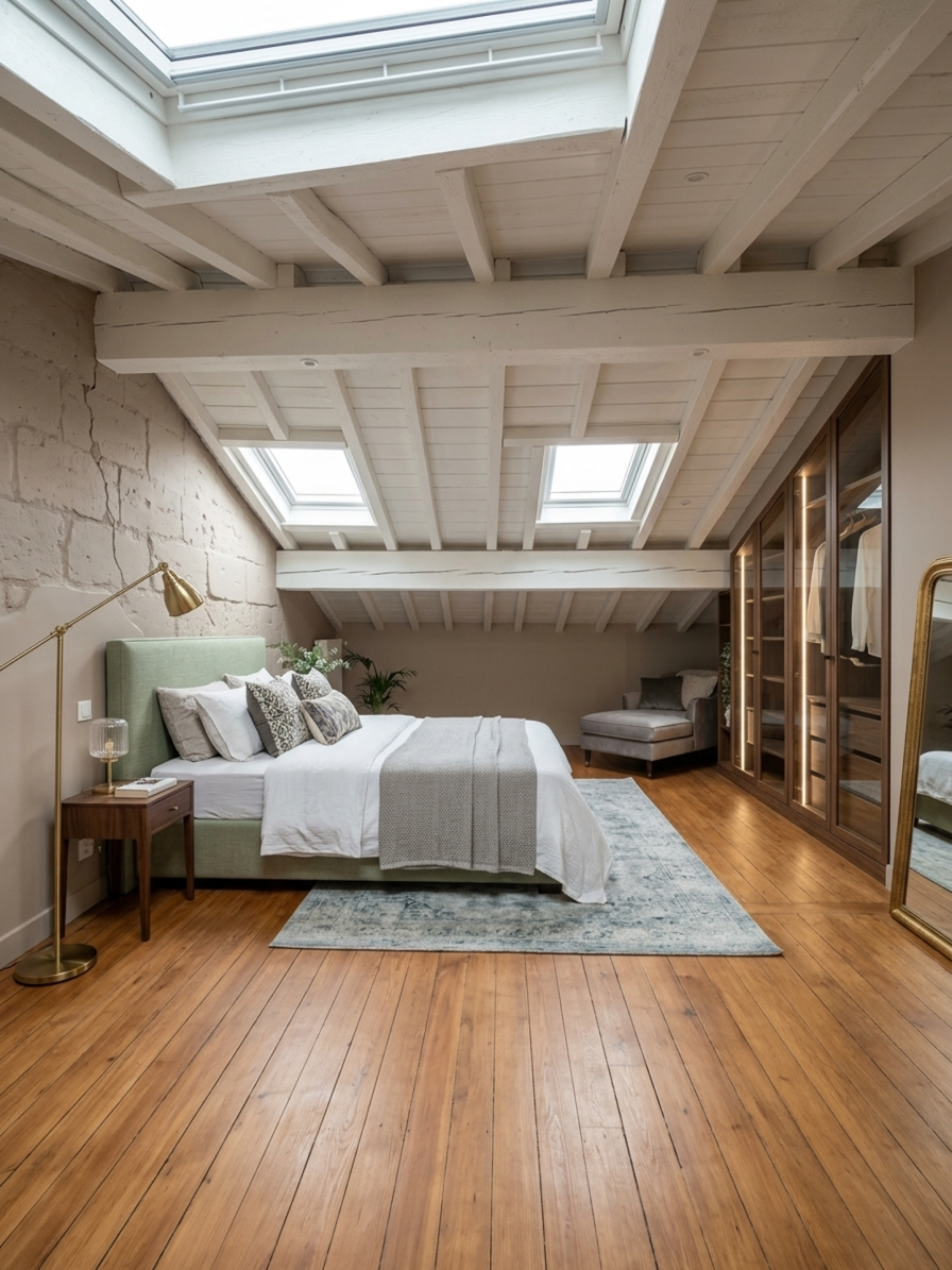 Combles aménagés en chambre dans une échoppe bordelaise - charpente apparente, velux et parquet pin