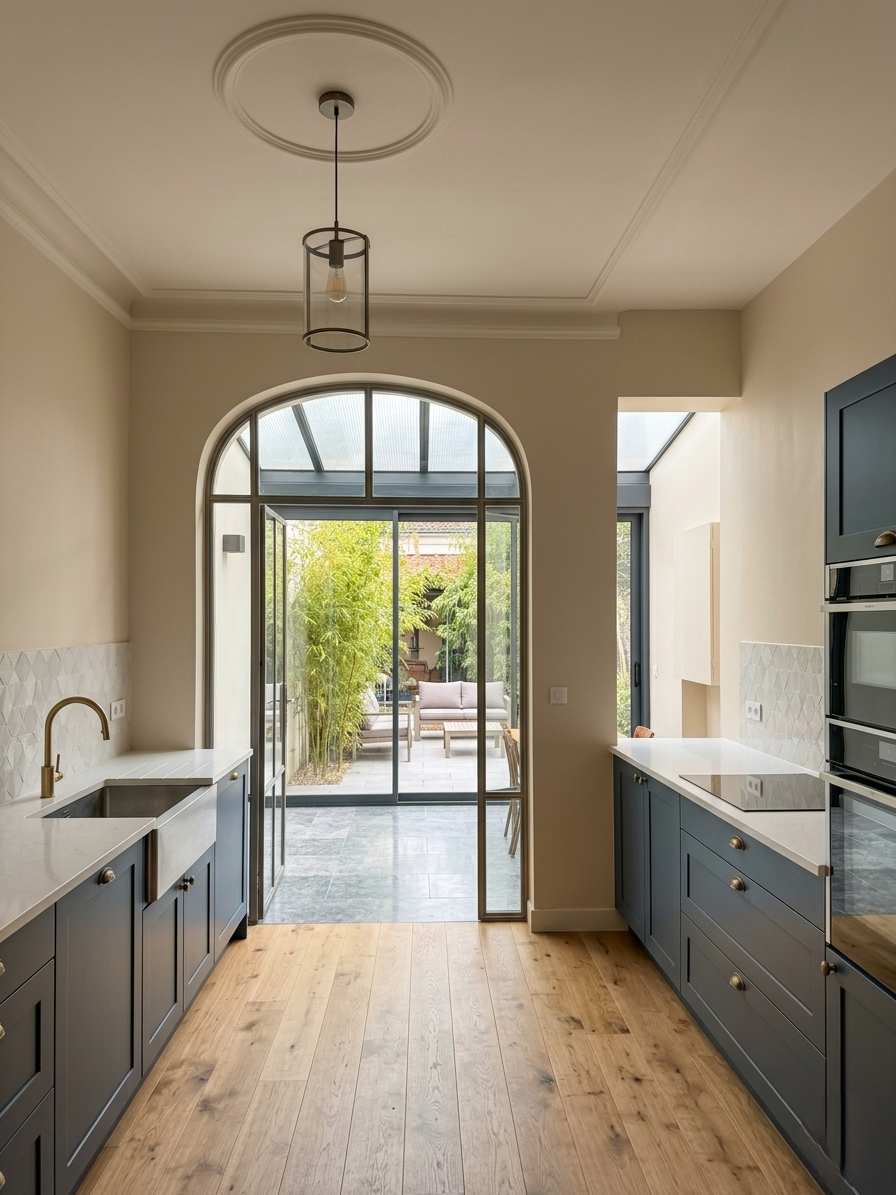 Cuisine rénovée dans une échoppe bordelaise avec arche en acier, verrière et parquet chêne - Bordeaux