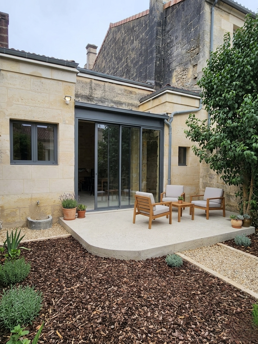 Extension vitrée sur jardin d'une échoppe bordelaise avec terrasse béton et salon de jardin - Bordeaux