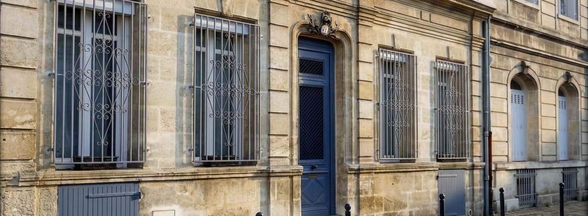 Façade d'échoppe bordelaise en pierre de taille avec porte bleue et grilles forgées - Bordeaux