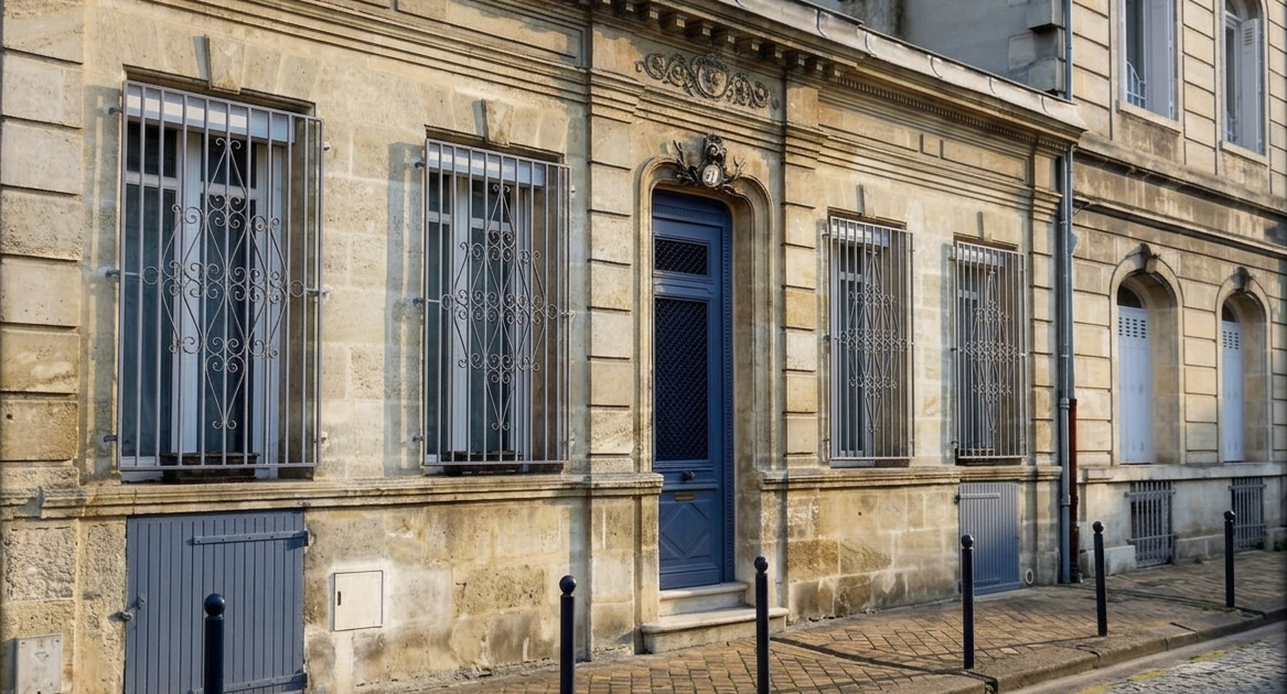 Façade d'échoppe bordelaise en pierre de taille avec porte bleue et grilles forgées - Bordeaux