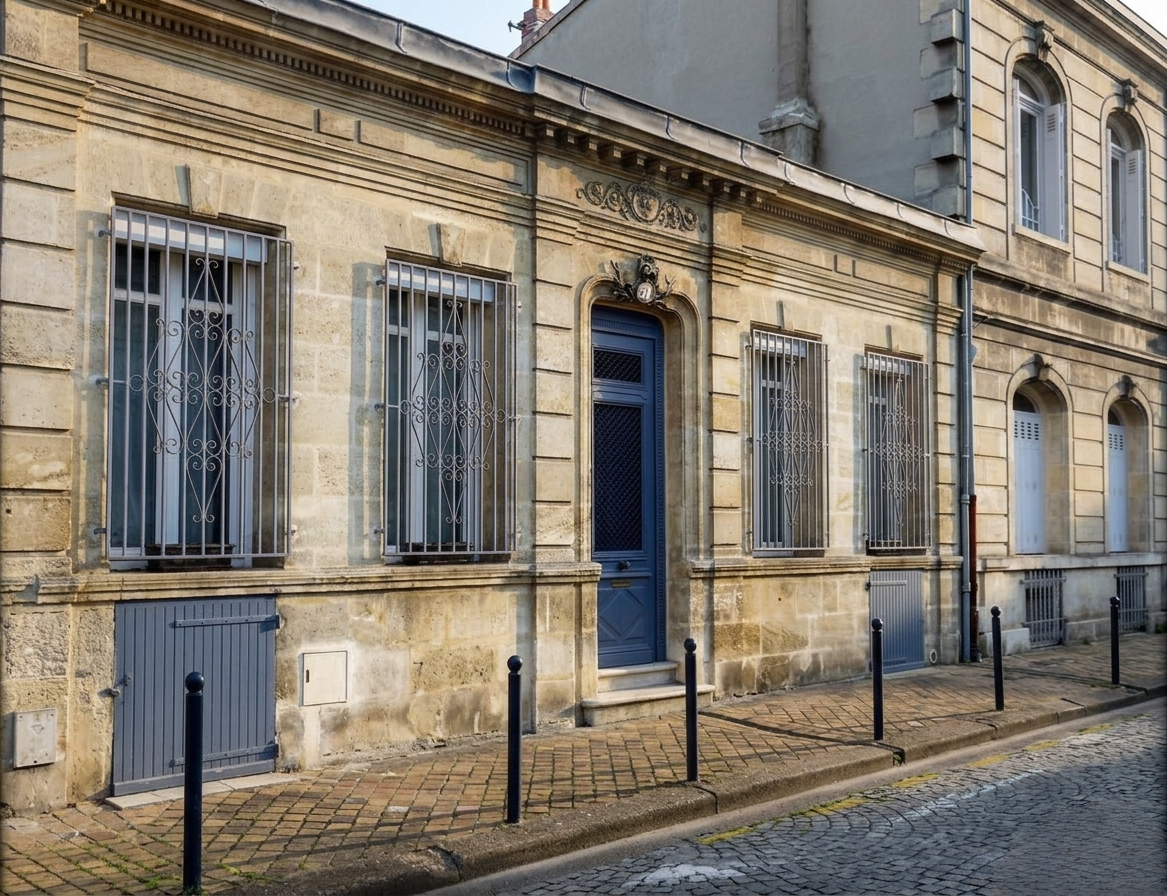 Façade d'échoppe bordelaise en pierre de taille avec porte bleue et grilles forgées - Bordeaux