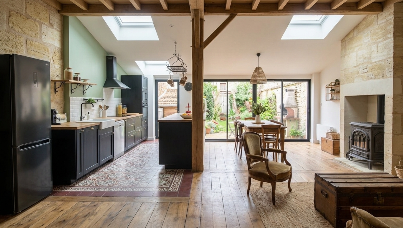 Pièce de vie ouverte dans une échoppe bordelaise rénovée — pierre apparente, carreaux de ciment, verrière sur jardin